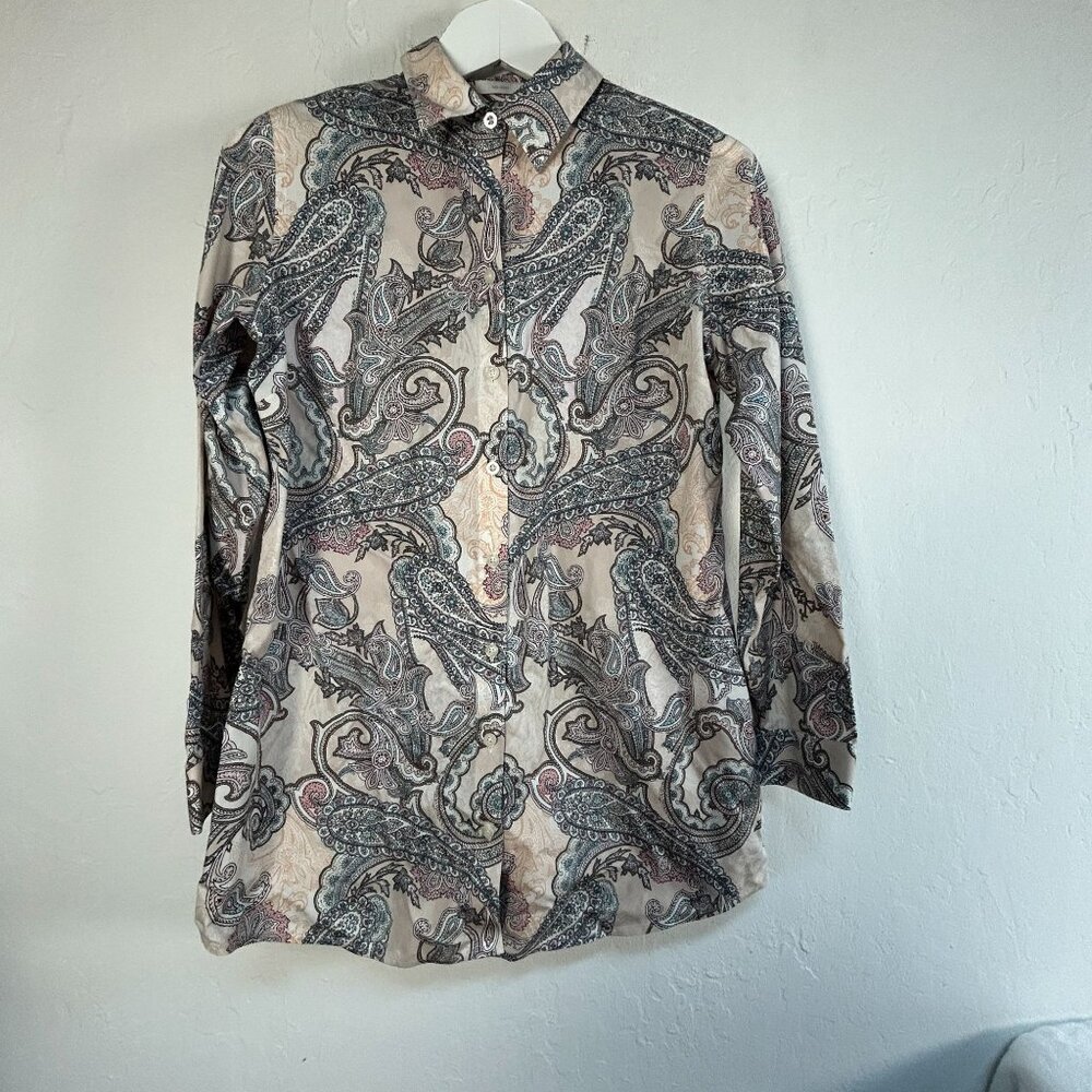 Chico's Womens No-Iron Cotton Paisley Print Button-Up Shirt Size 0 Long Sleeve